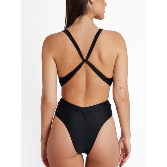 Women Black One Piece Cut Out Cross Back Tie Deep V Neck Bathing Suit - Picture 3 of 6